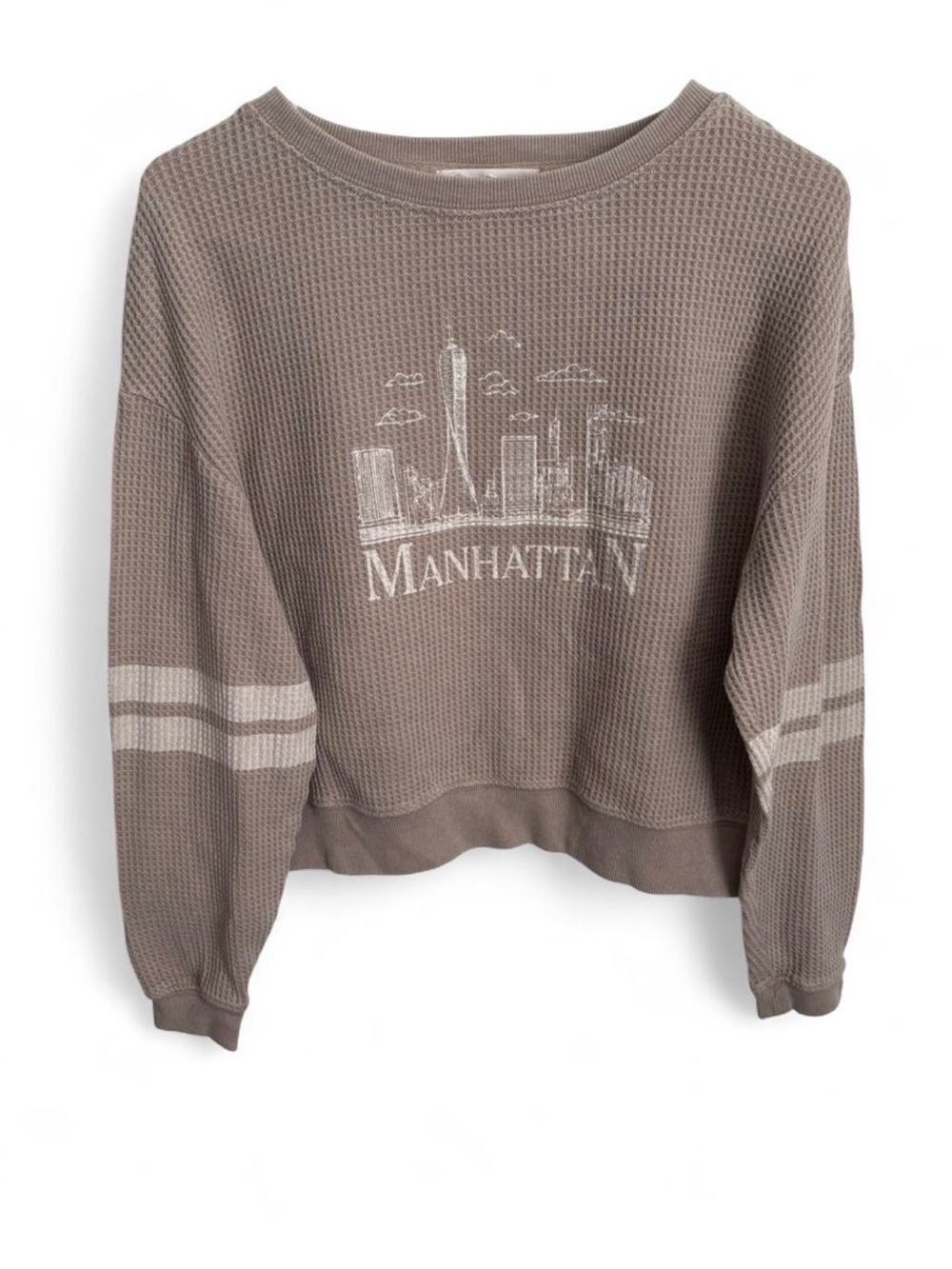 Pink Rose Manhattan Skyline Waffle Knit Pullover Sweater Taupe S - Picture 1 of 5
